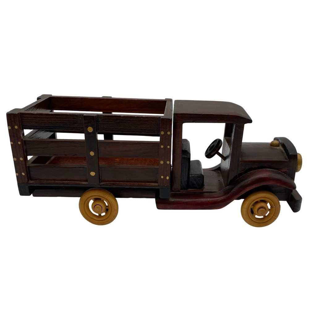 Handmade Wooden Stake Bed Truck Model Vintage Style Brown Collectible Decor Read